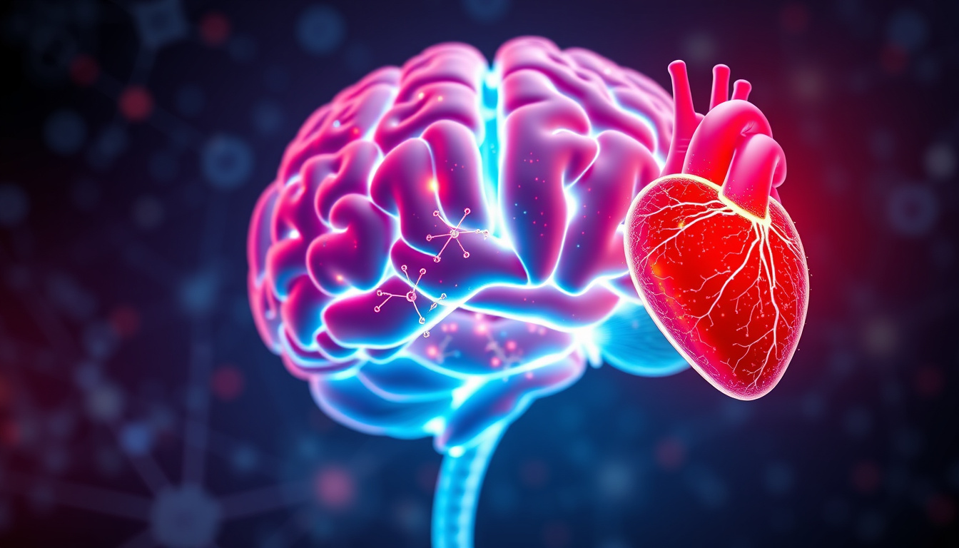  Human brain and heart illuminated by omega-3 molecules, science background