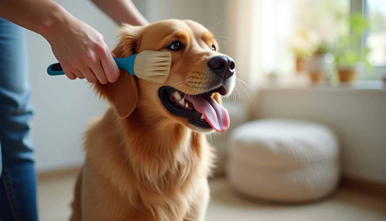  caring owner brushing shiny coat of content golden retriever indoors