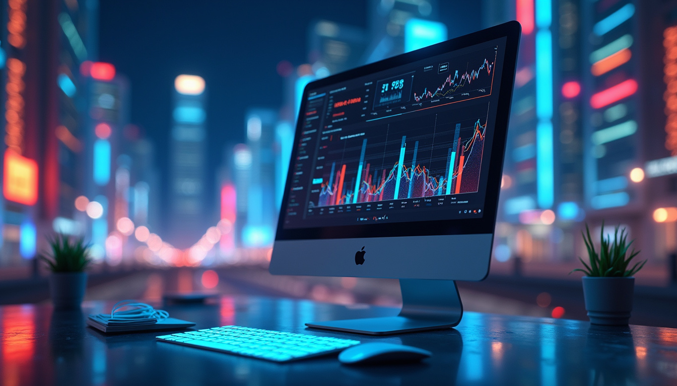  sleek digital workspace with AI analytics, dynamic charts and futuristic cityscape background
