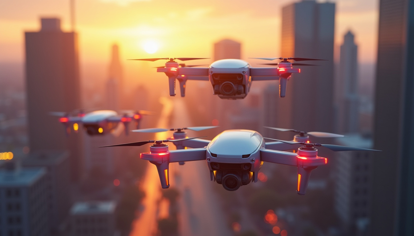  Autonomous AI drones collaborating seamlessly in a high-tech urban environment at sunset