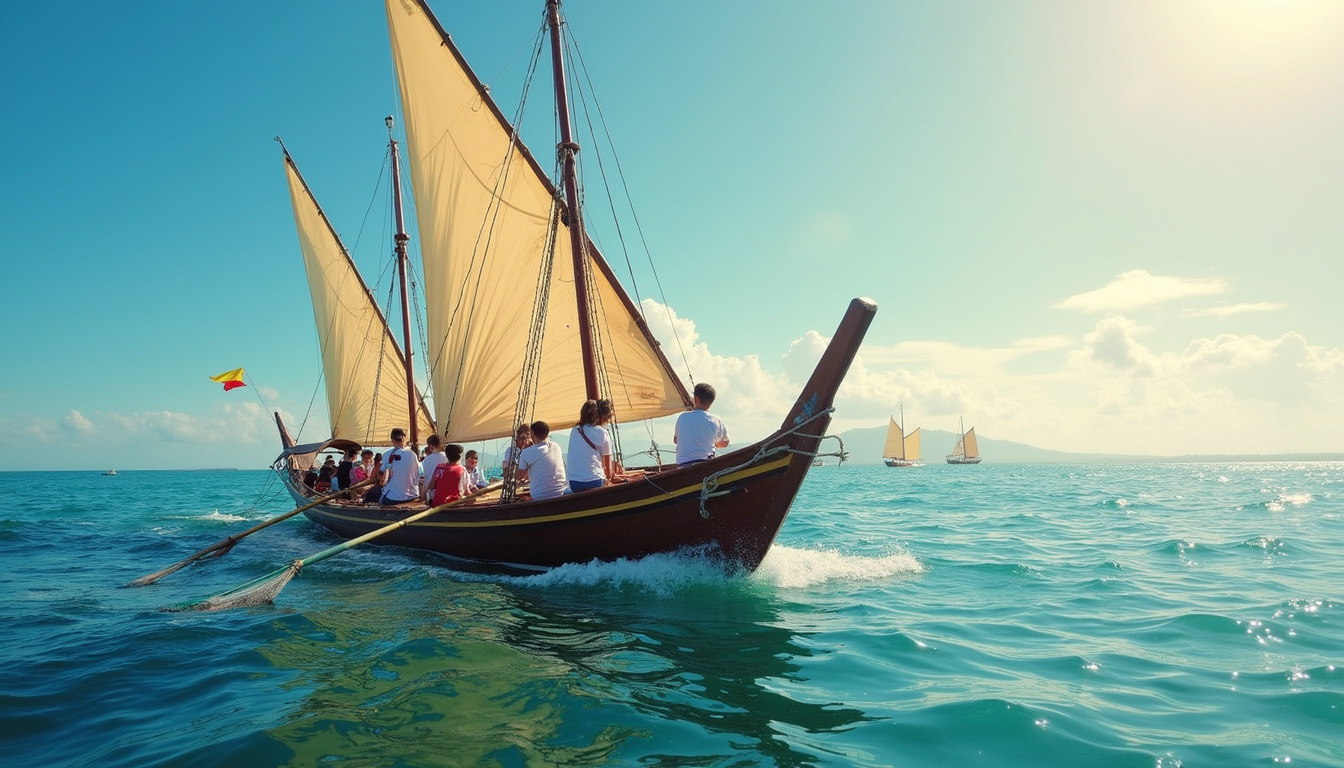 Happy tourists enjoying sailing on traditional Balinese wooden boat, vibrant ocean background