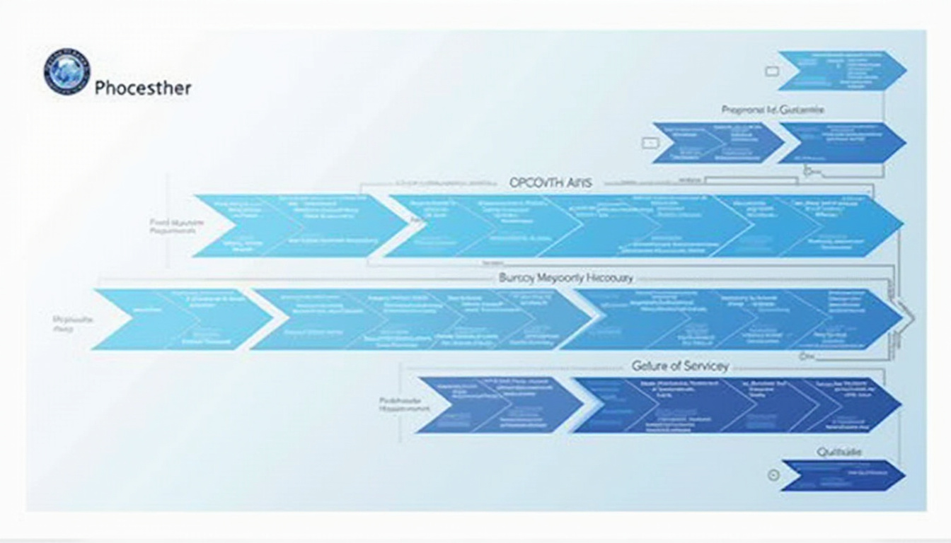  sleek business workflow chart, labeled UNSPSC levels, minimalist design, blue and gray tones