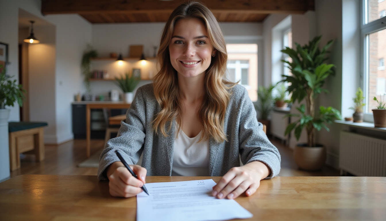 Confident tenant signing lease agreement, cozy urban apartment background