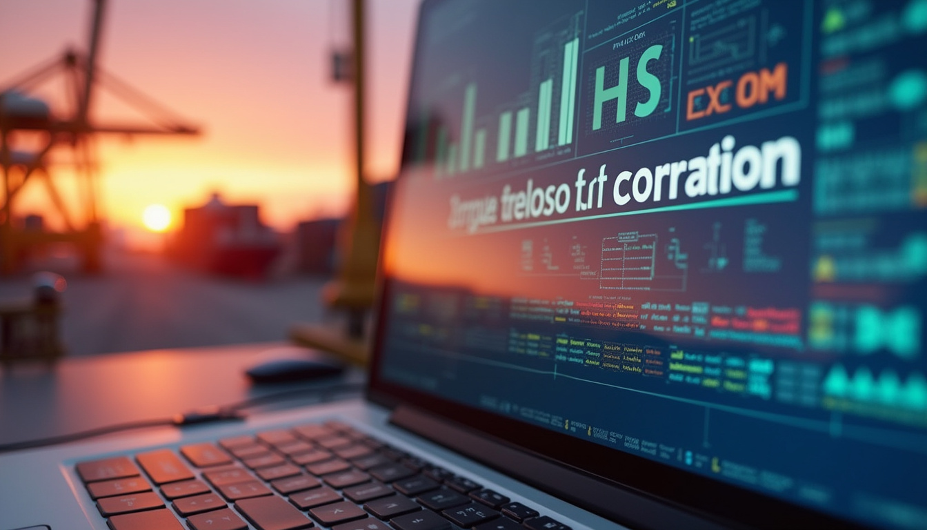  Close-up of computer screen showing HS tariff classification system, cargo ships docked at sunset port