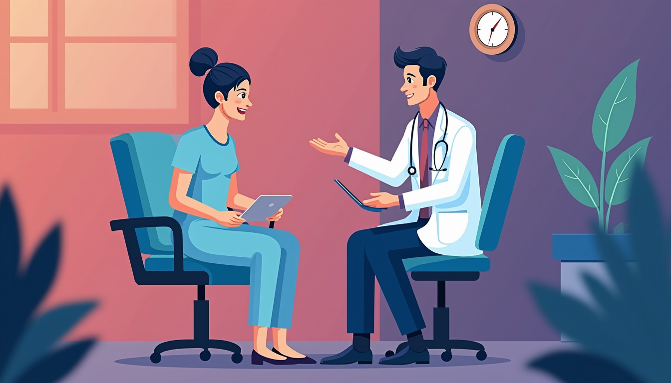  patient consulting doctor about sciatic neuropathy symptoms in clinic setting