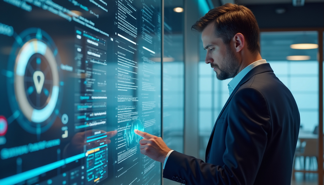  Serious businessperson reviewing crypto regulations on futuristic transparent screen in modern office
