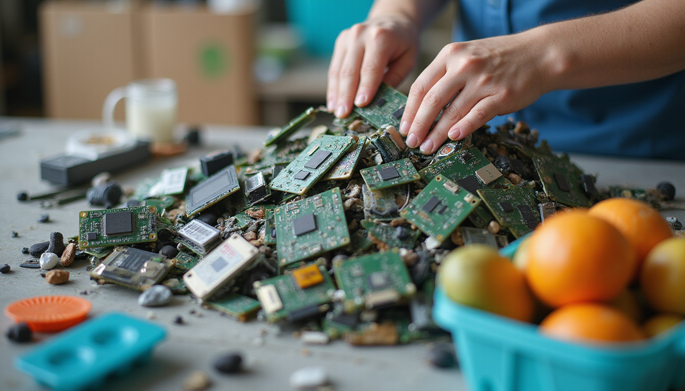Hands sorting electronic waste with eco-friendly tools in bright workspace