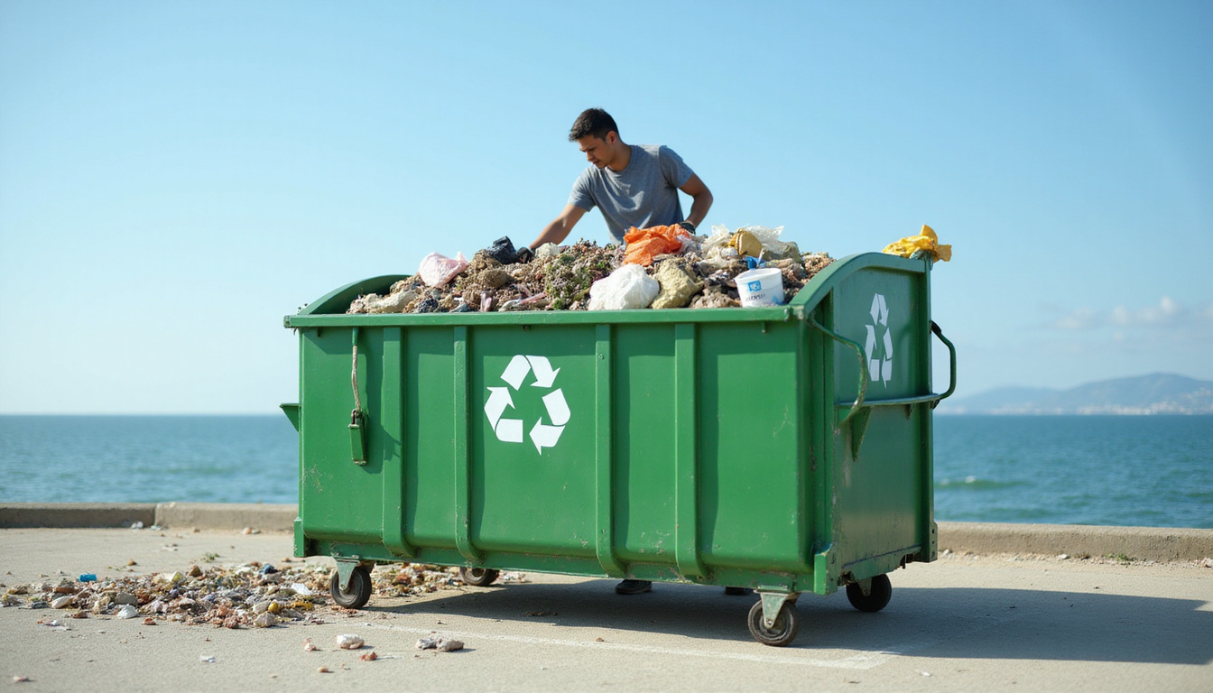  large dumpster container with recycling symbols, coastal background, professional workers sorting waste