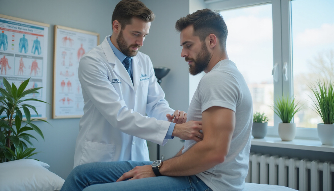  Doctor examining patient’s tense muscles in clinical therapy room with pain relief charts