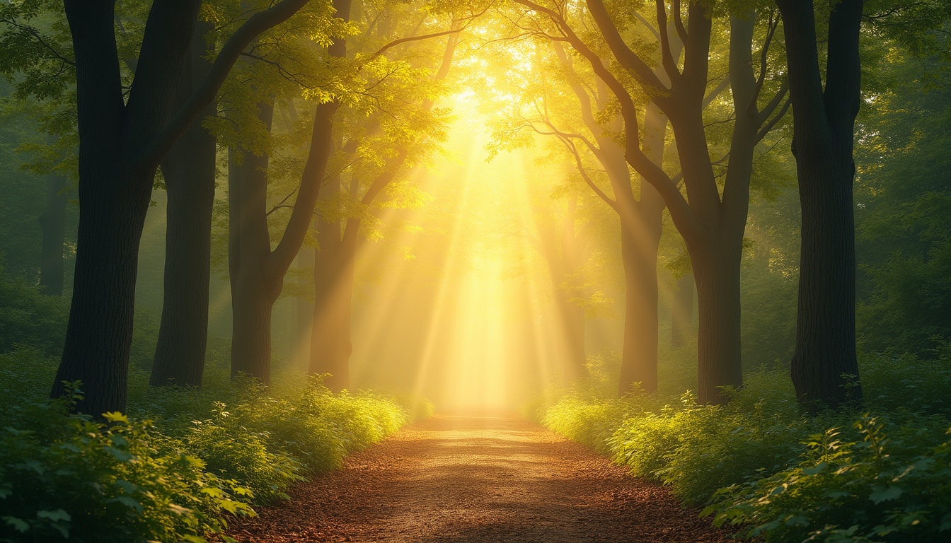  tranquil forest pathway with soft golden light, symbolizing spiritual awakening and personal growth
