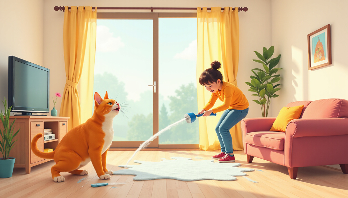 Angry cat spraying indoors, frustrated owner cleaning walls, bright living room 