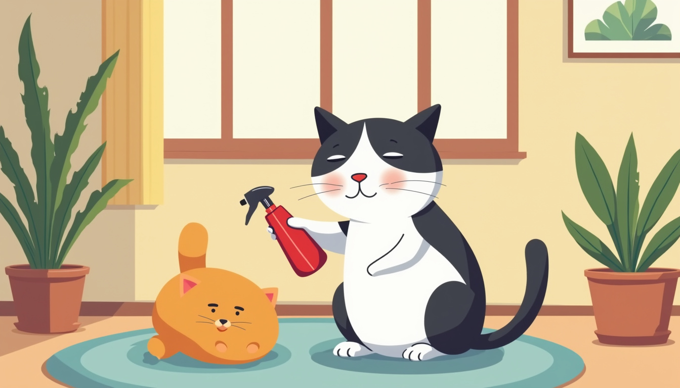  Calm cat with deterrent spray bottle, peaceful home environment, soft lighting
