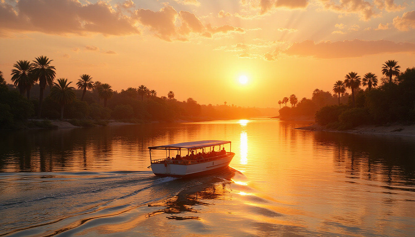  elegant river cruise Egypt lush palm trees golden sunset calm waters