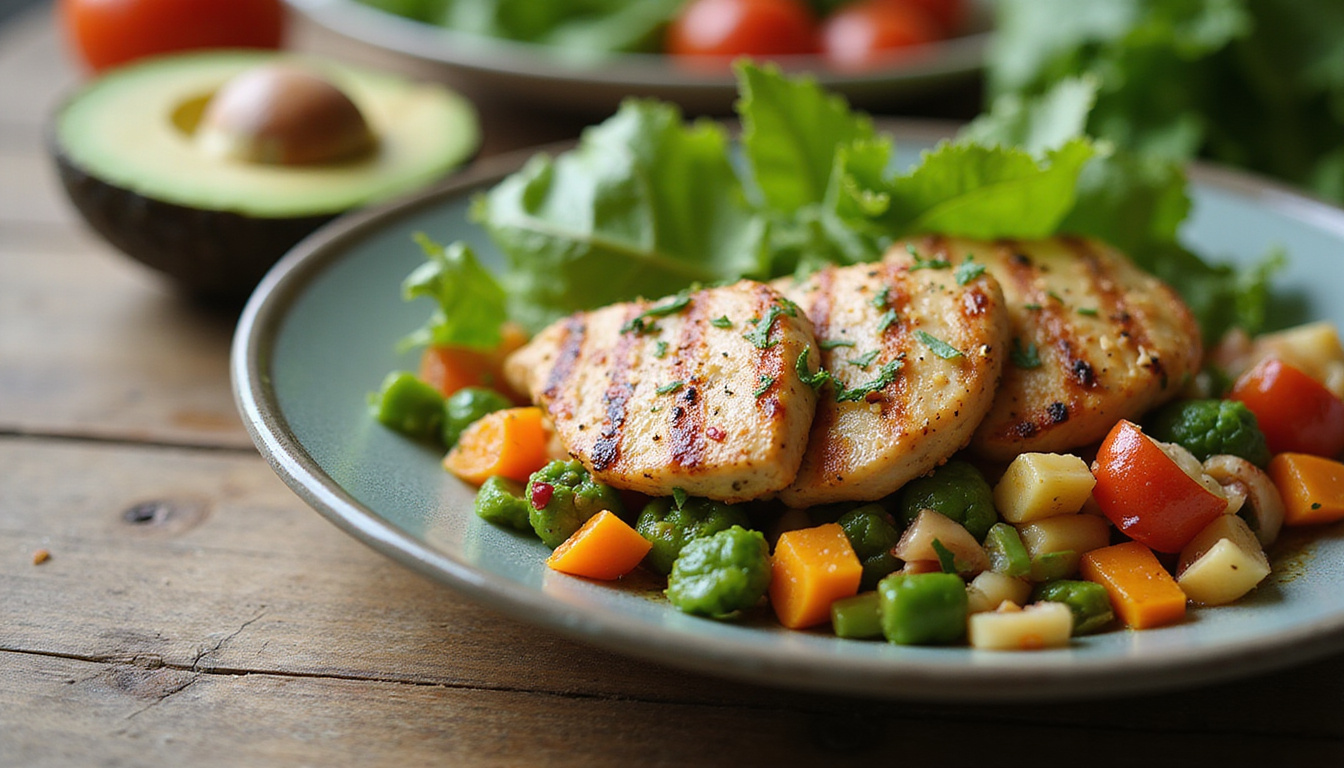healthy low carb meal with fresh vegetables, grilled chicken, and avocado on wooden table
