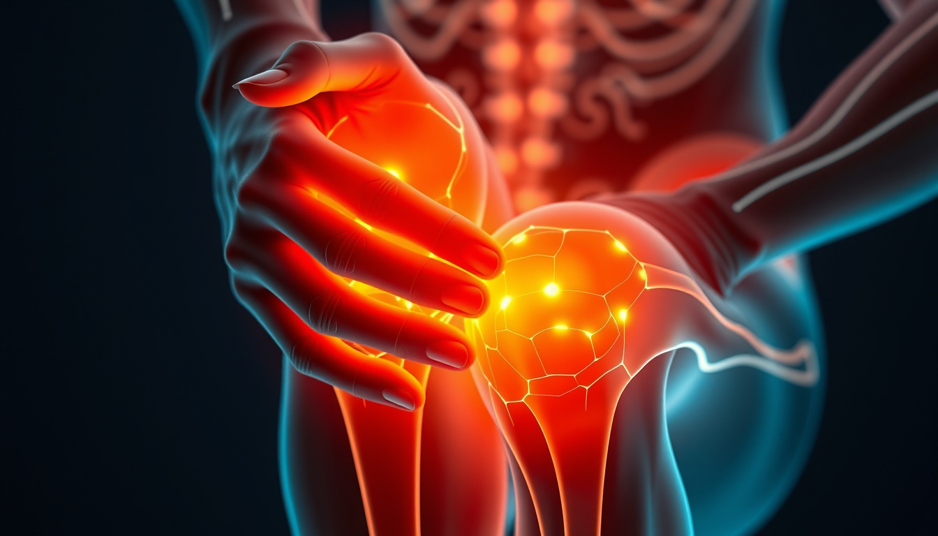  Close-up of hands and knees flexing smoothly, glowing connective tissues, pain relief concept