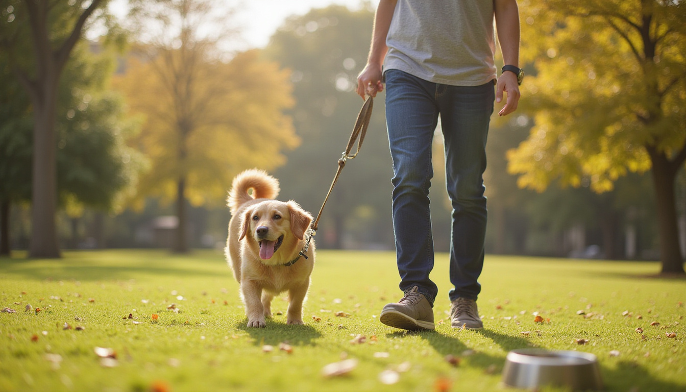  attentive owner walking a joyful dog in a sunny park with leash and water bowl