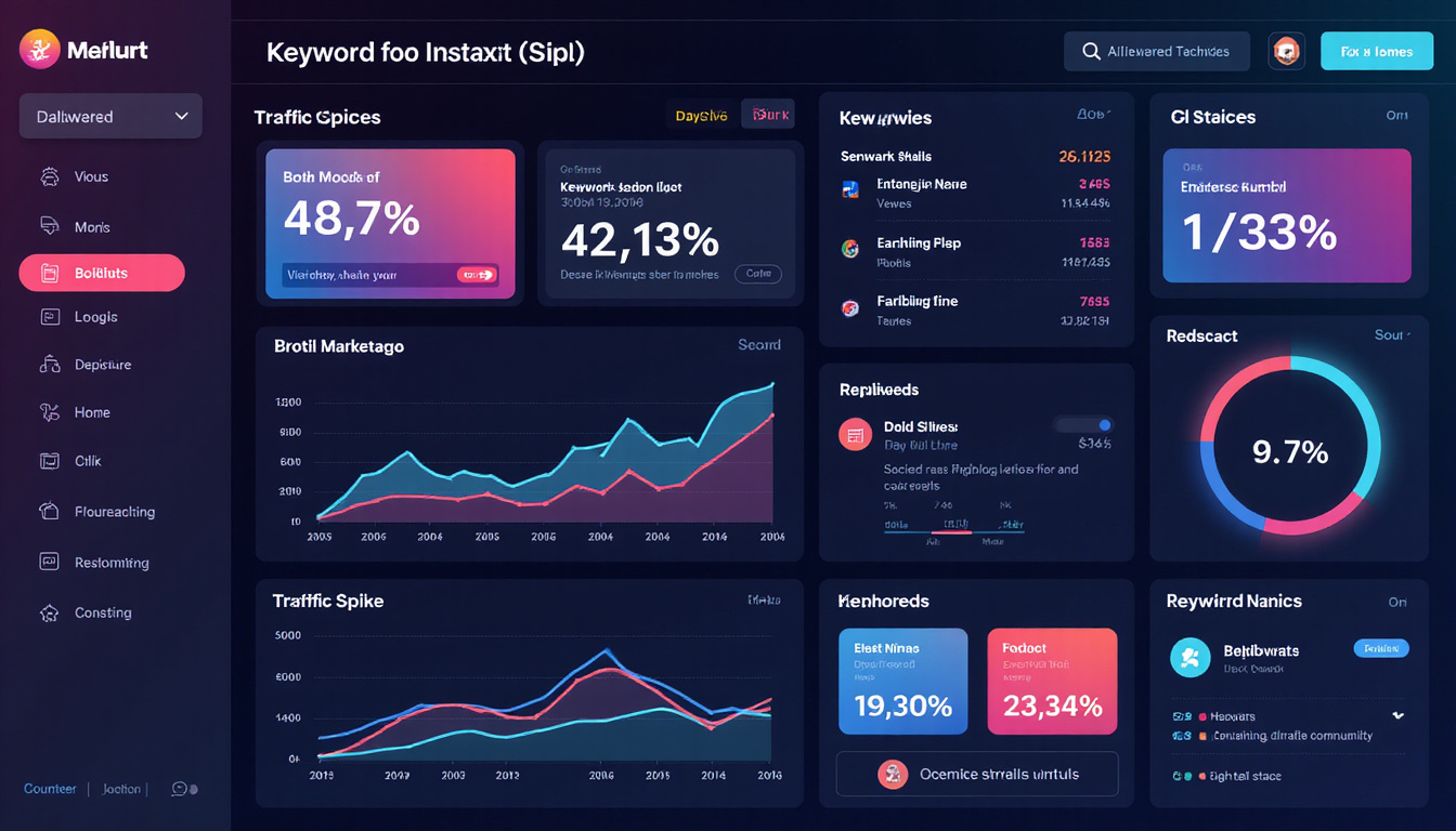  Digital marketing dashboard with keywords, traffic spikes, and AI-powered tools in neon colors