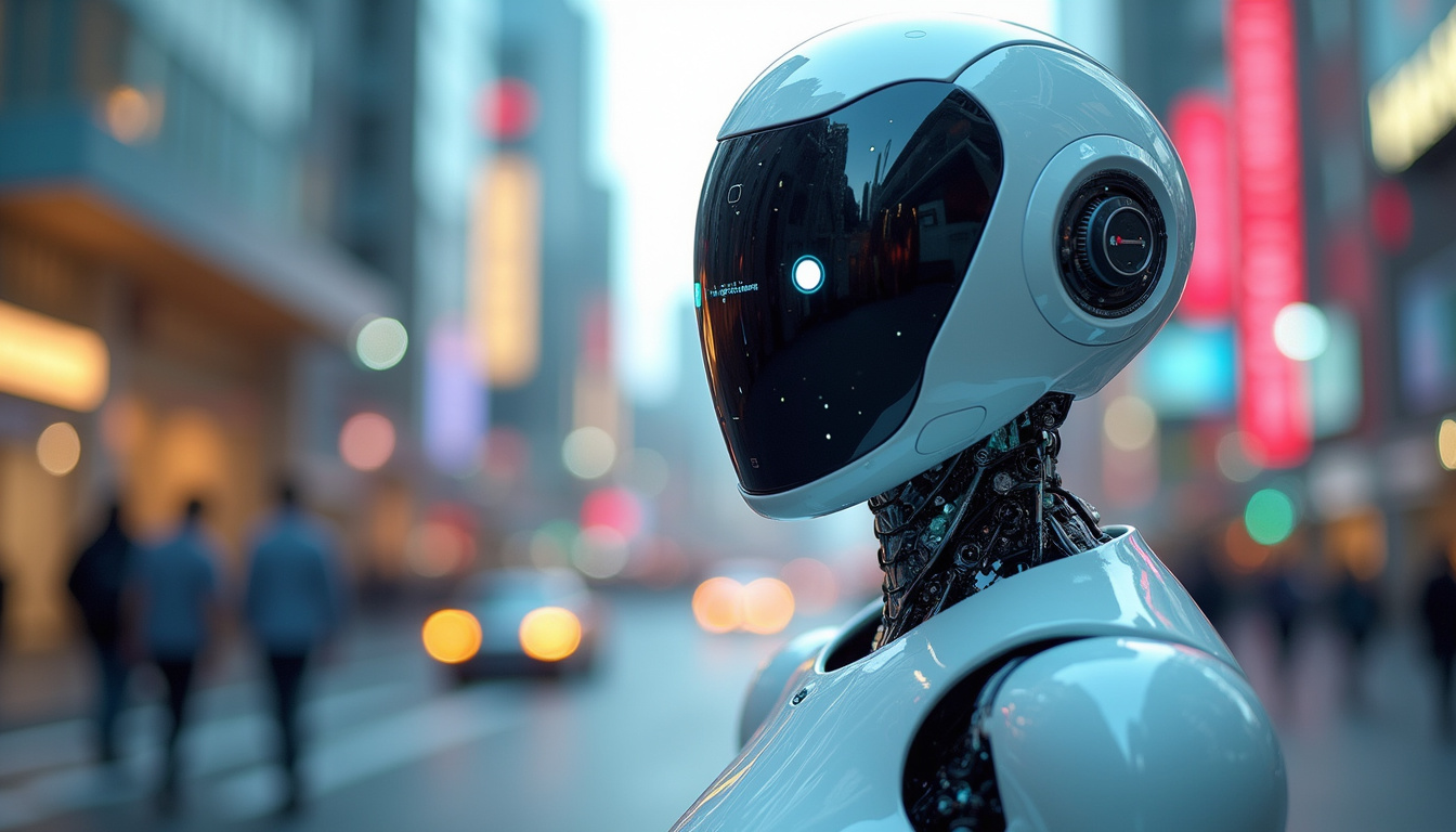  sleek humanoid robot seamlessly integrating with smart city, holographic interfaces, advanced AI autonomy