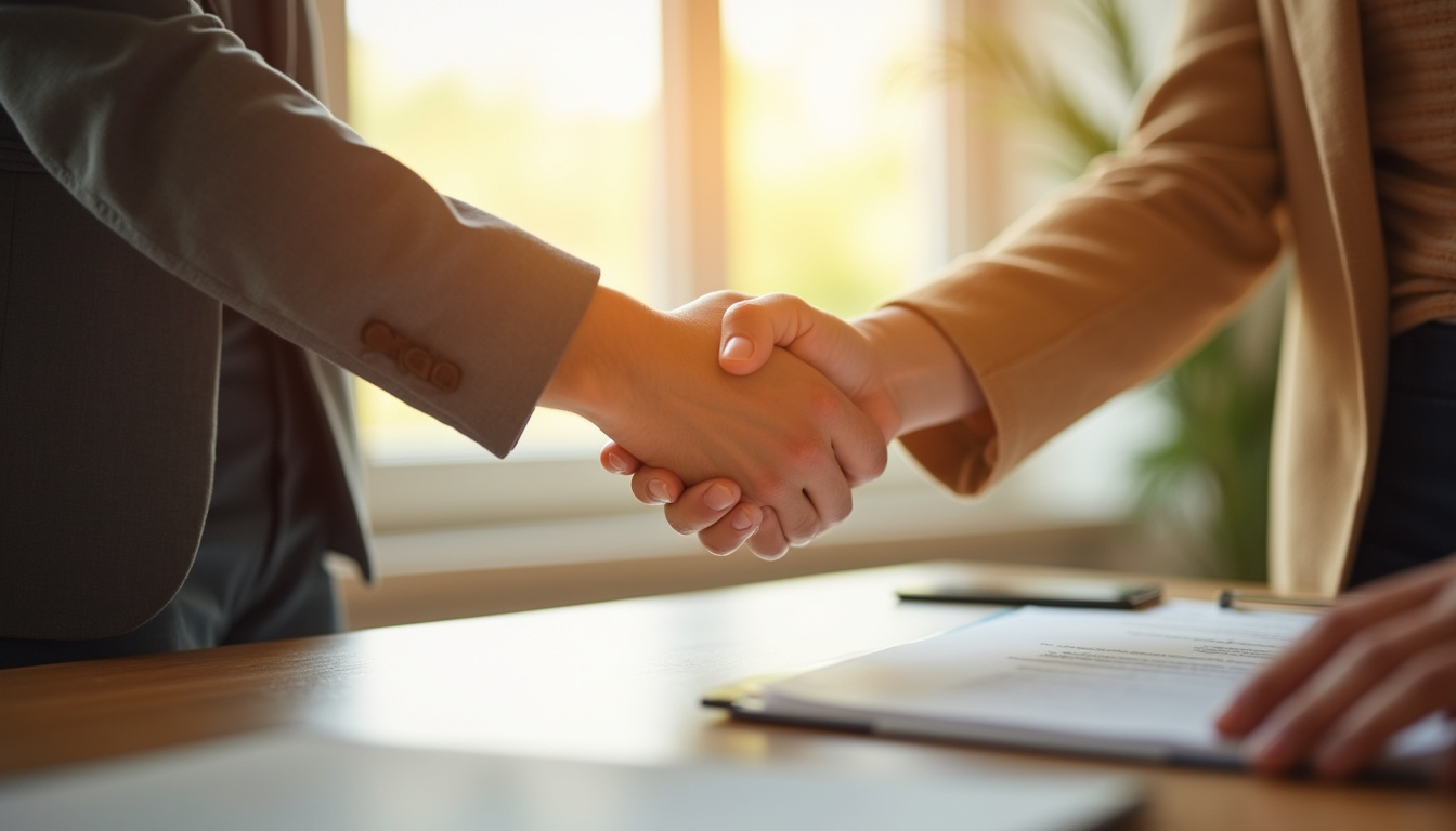 Close-up handshake over property contract, cozy home interior, warm natural light