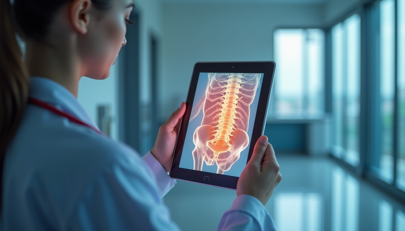  doctor examining 3D sciatic nerve model on digital tablet, modern clinic background, high detail