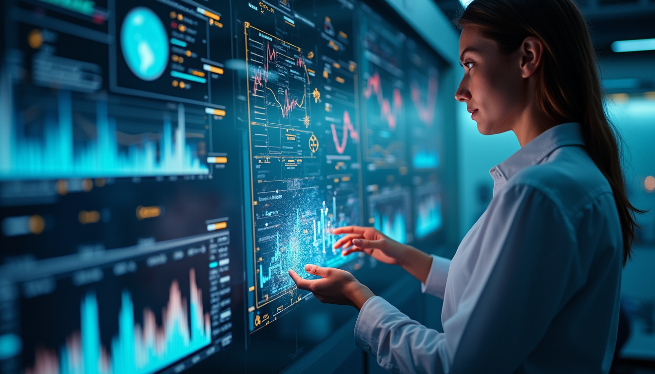 professional team analyzing blockchain data with holographic charts and legal compliance icons, high-tech environment
