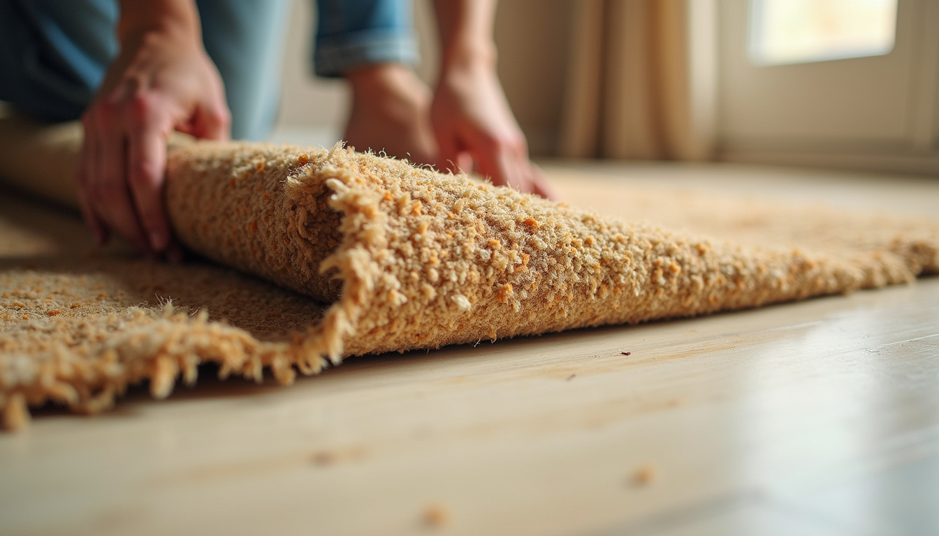 Close-up of hands rolling up old carpet, smooth floor revealed underneath