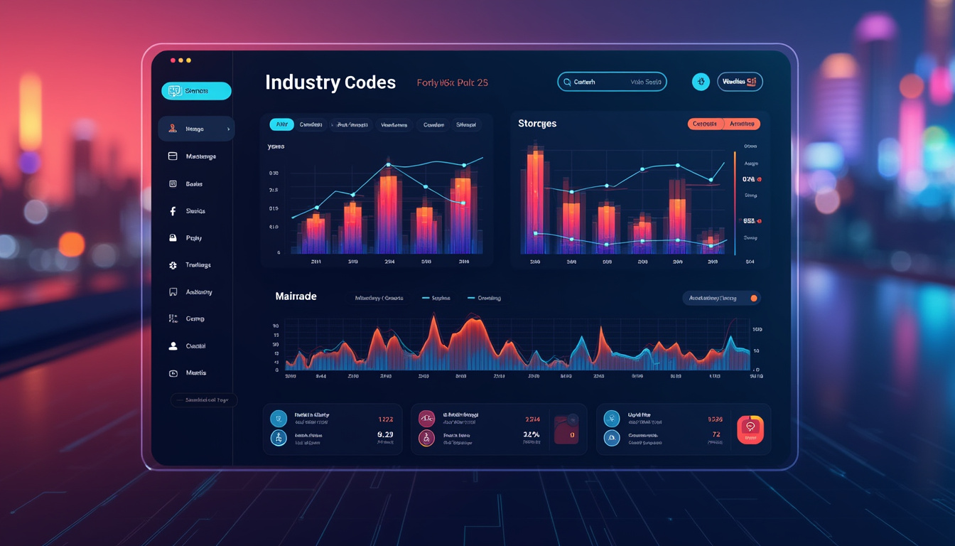  futuristic dashboard displaying industry codes with growth charts and data analysis