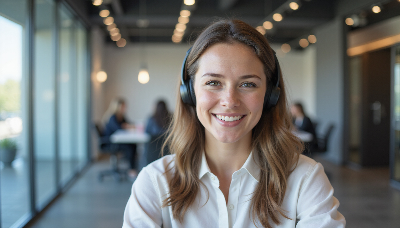  smiling receptionist with headset, multitasking in sleek corporate environment, boosting business efficiency