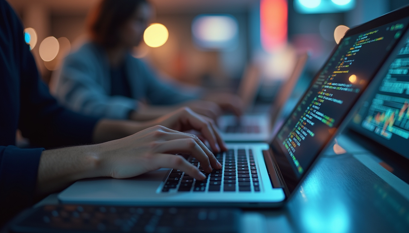  close-up of hands typing on laptop, digital interface displaying commodity code lookup system, sleek tech environment
