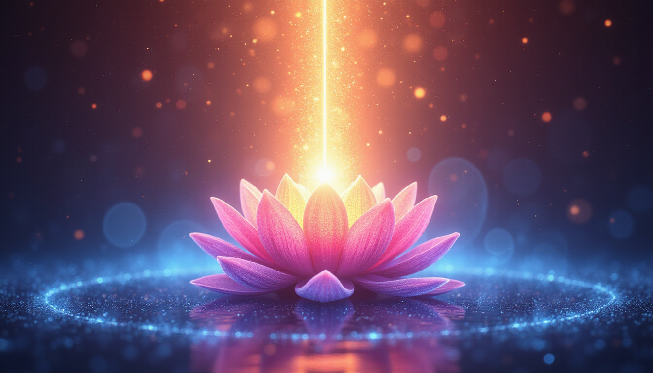  Radiant energy flow and balanced chakras illustrated with vibrant light beams and lotus flowers
