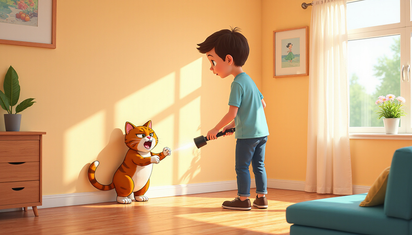 angry cat spraying on wall, worried owner cleaning, cozy home interior, sunlight filtering