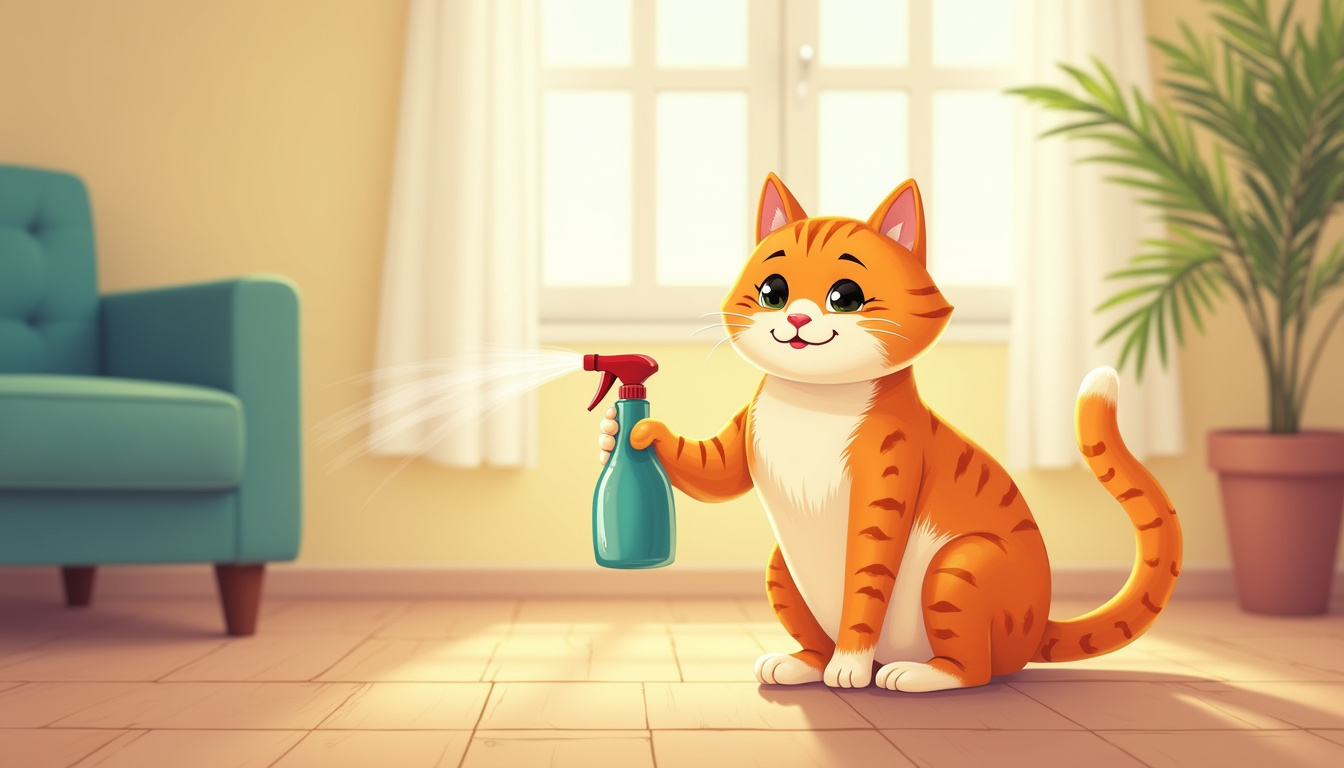 calm cat with spray deterrent, clean living room, peaceful atmosphere, afternoon light