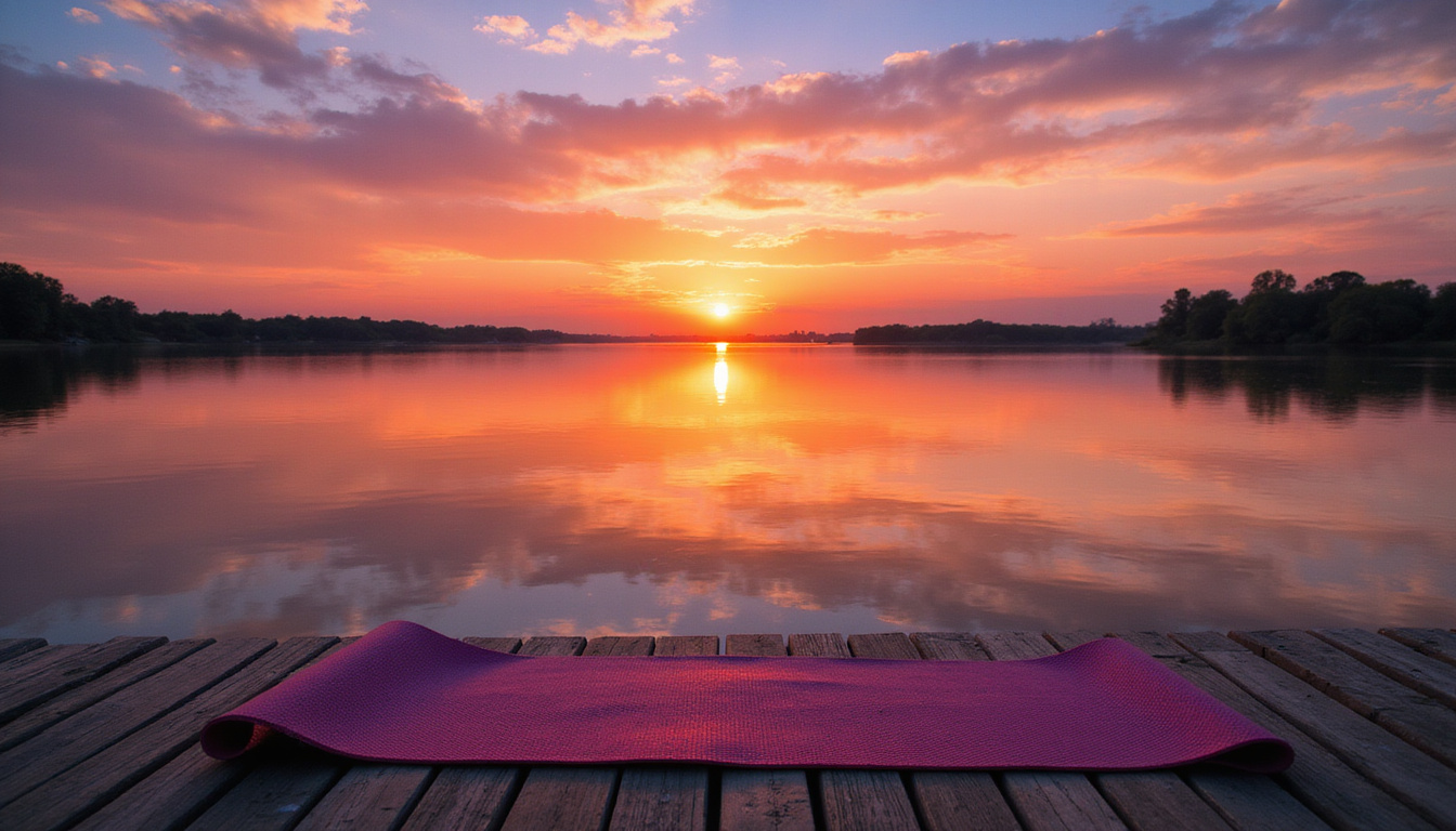 Tranquil riverside with vibrant sunset hues, yoga mat by Nile, calm and serene ambiance