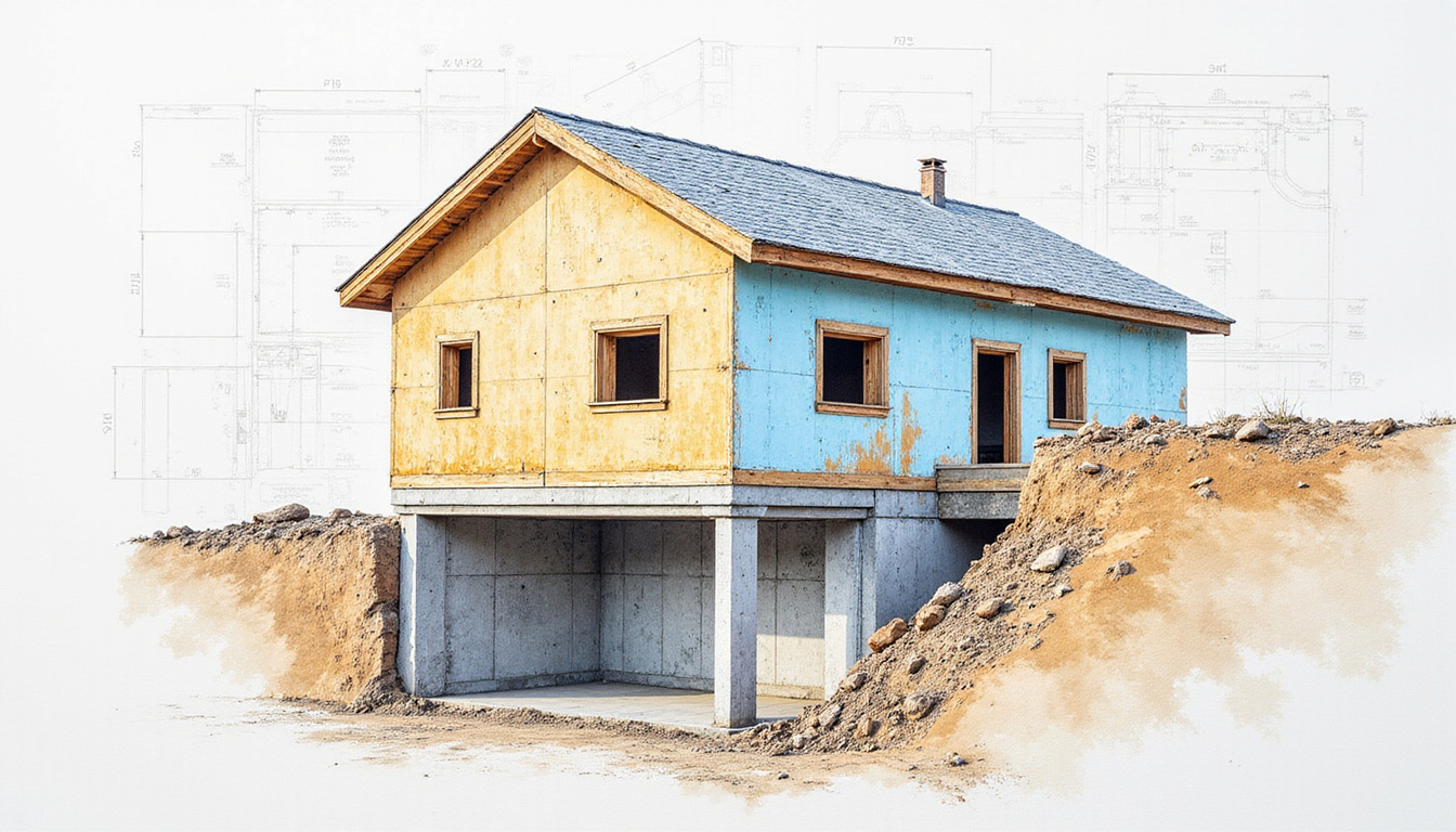  cross-section of stable home foundation, reinforced concrete, blueprint sketch background