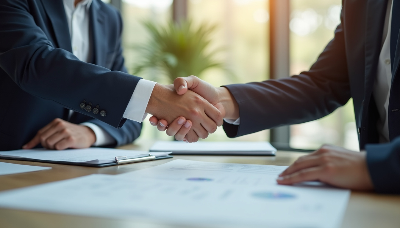  Close-up of handshake between government official and small business owner, contract documents on table