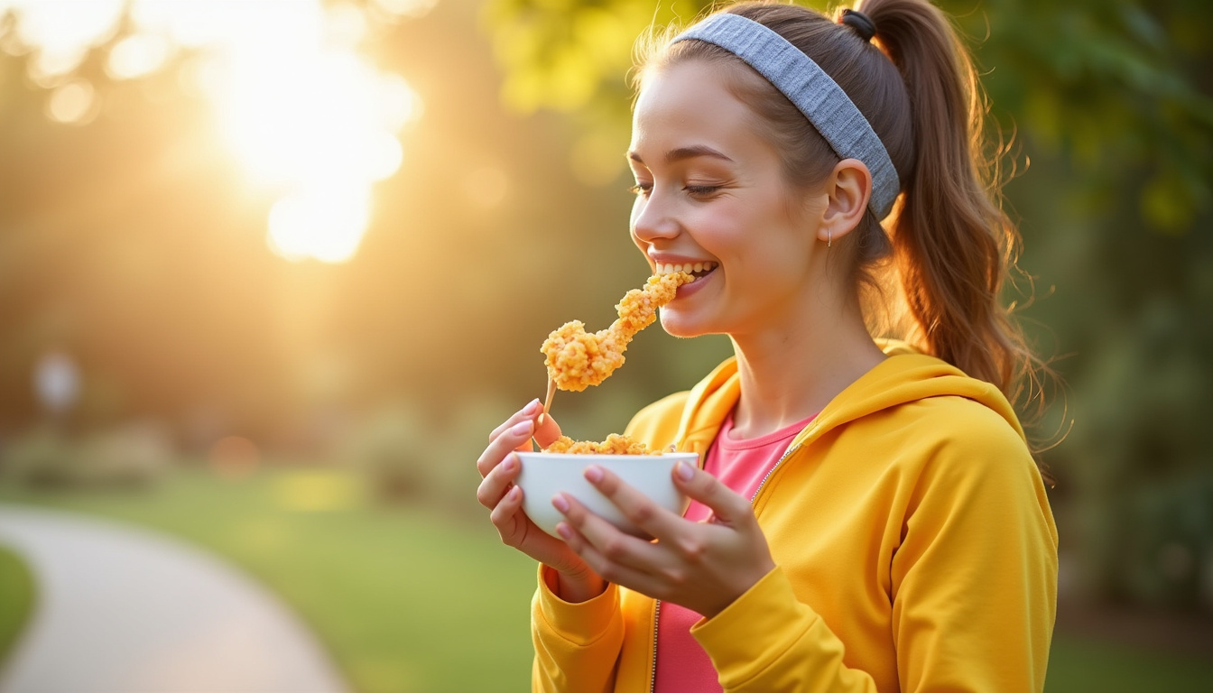 Energetic person enjoying healthy keto snacks outdoors with bright sunlight