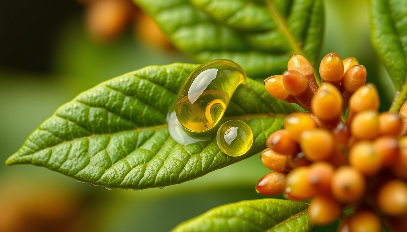  Close-up of Boswellia Serrata resin drops on leaves, calming pain and inflammation, herbal wellness atmosphere