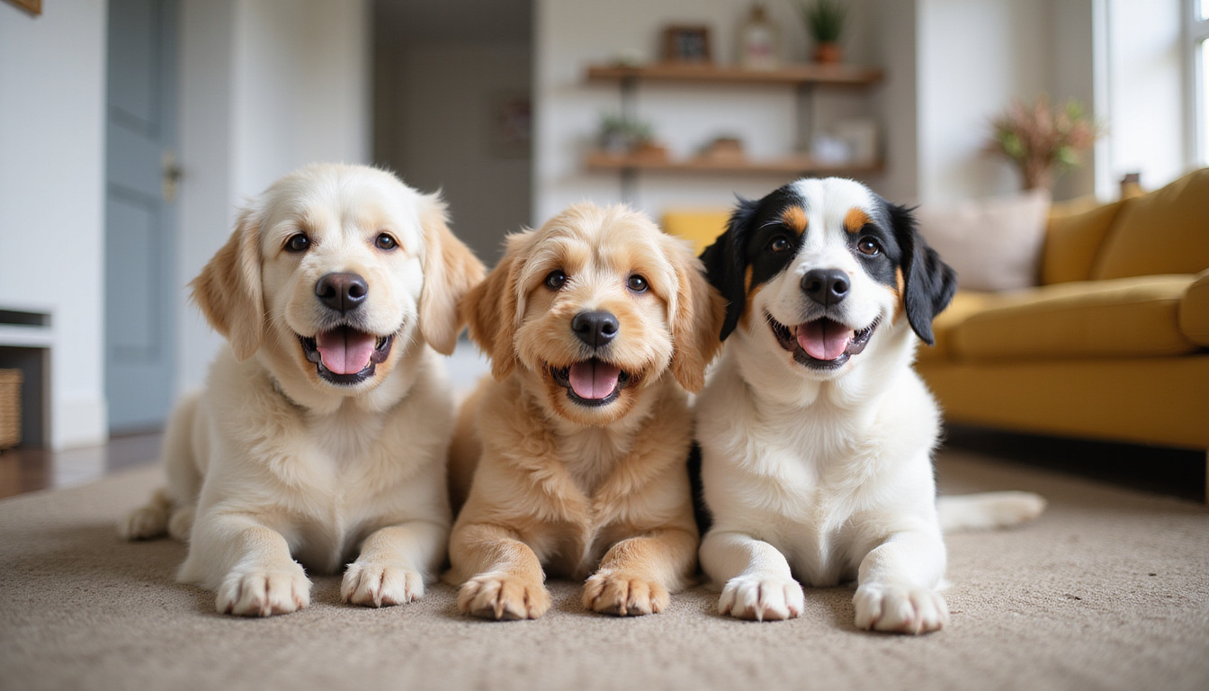  Caring hands choosing premium dog products, joyful dogs in cozy home setting