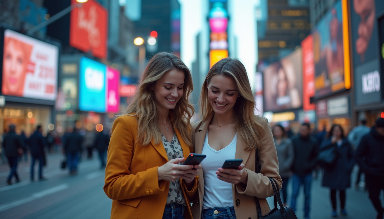  Happy customers interacting with personalized digital ads on smart devices in vibrant cityscape