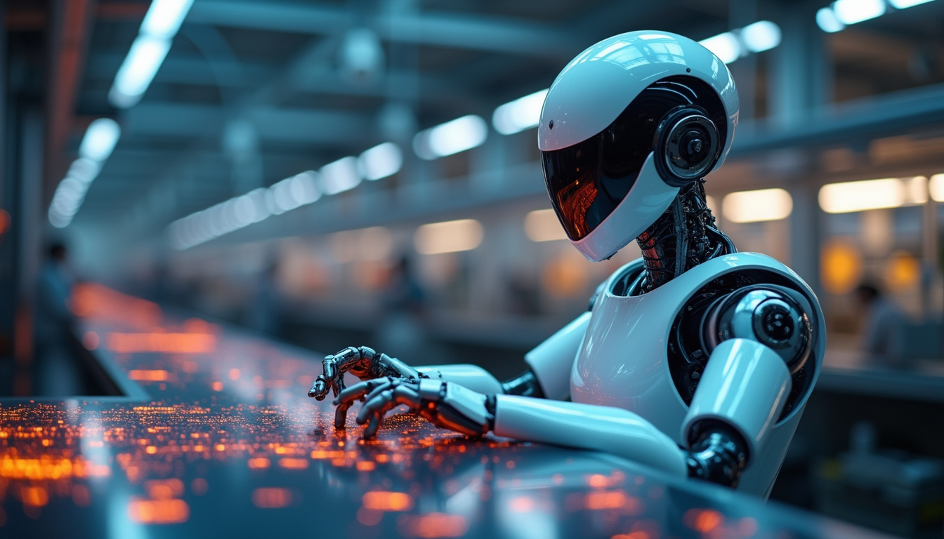  sleek robotic assistant automating factory workflow with glowing data streams
