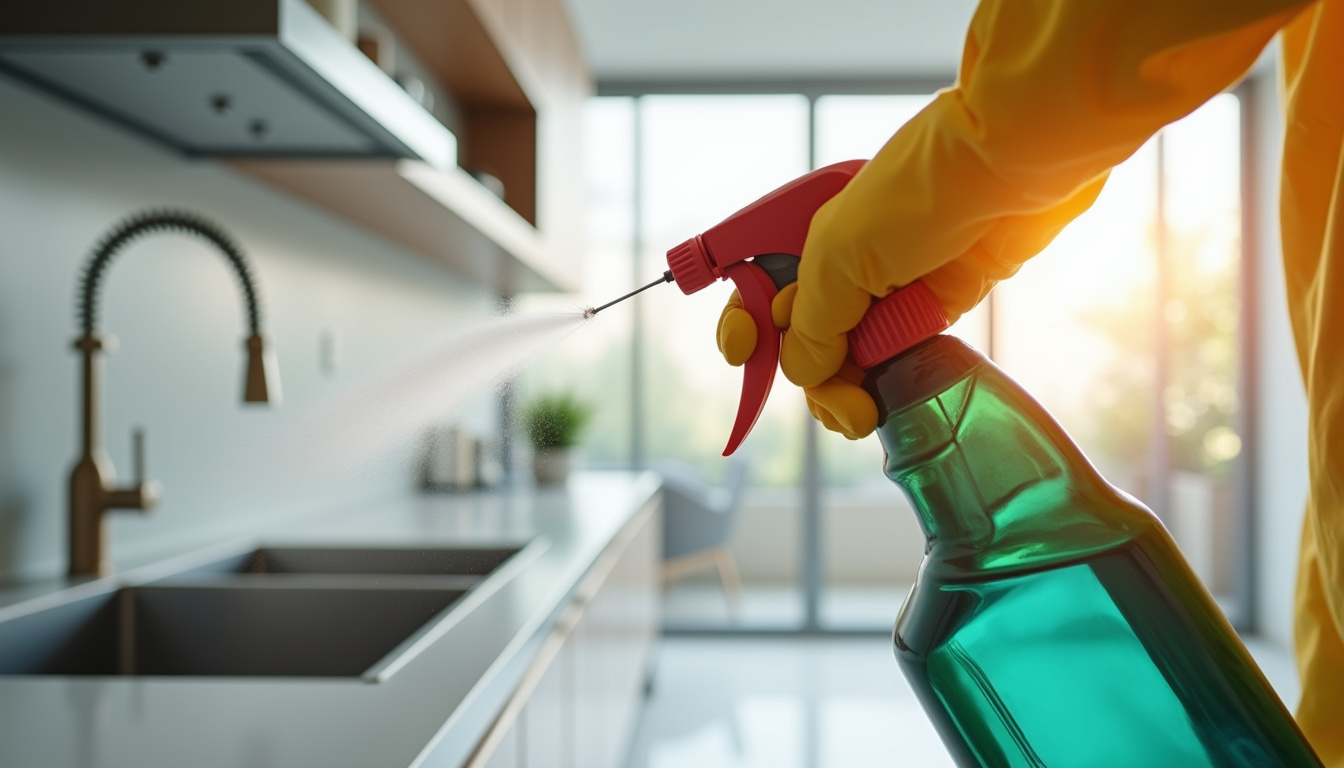  Pest control professional spraying insecticide in modern kitchen, focused German roach treatment, cleanliness emphasis