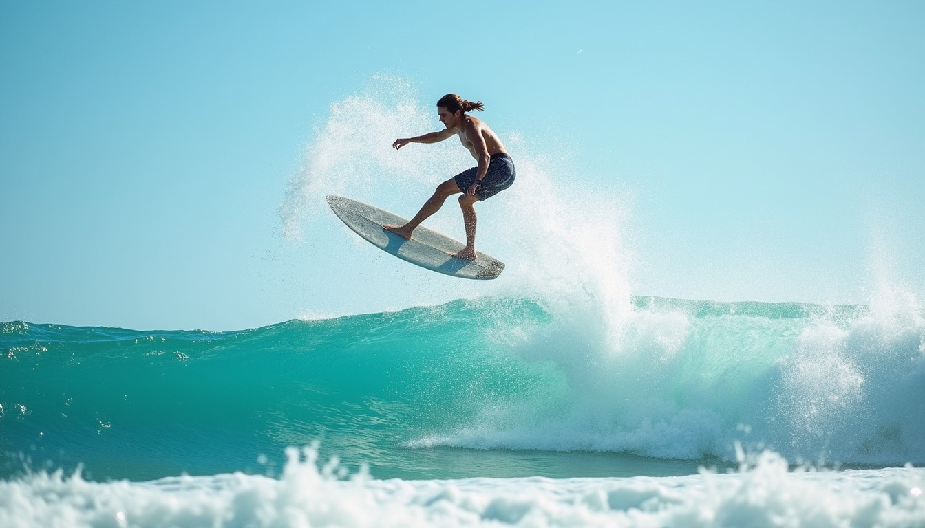  Professional surfer performing aerial trick on turquoise Bali waves, clear sky, dynamic action