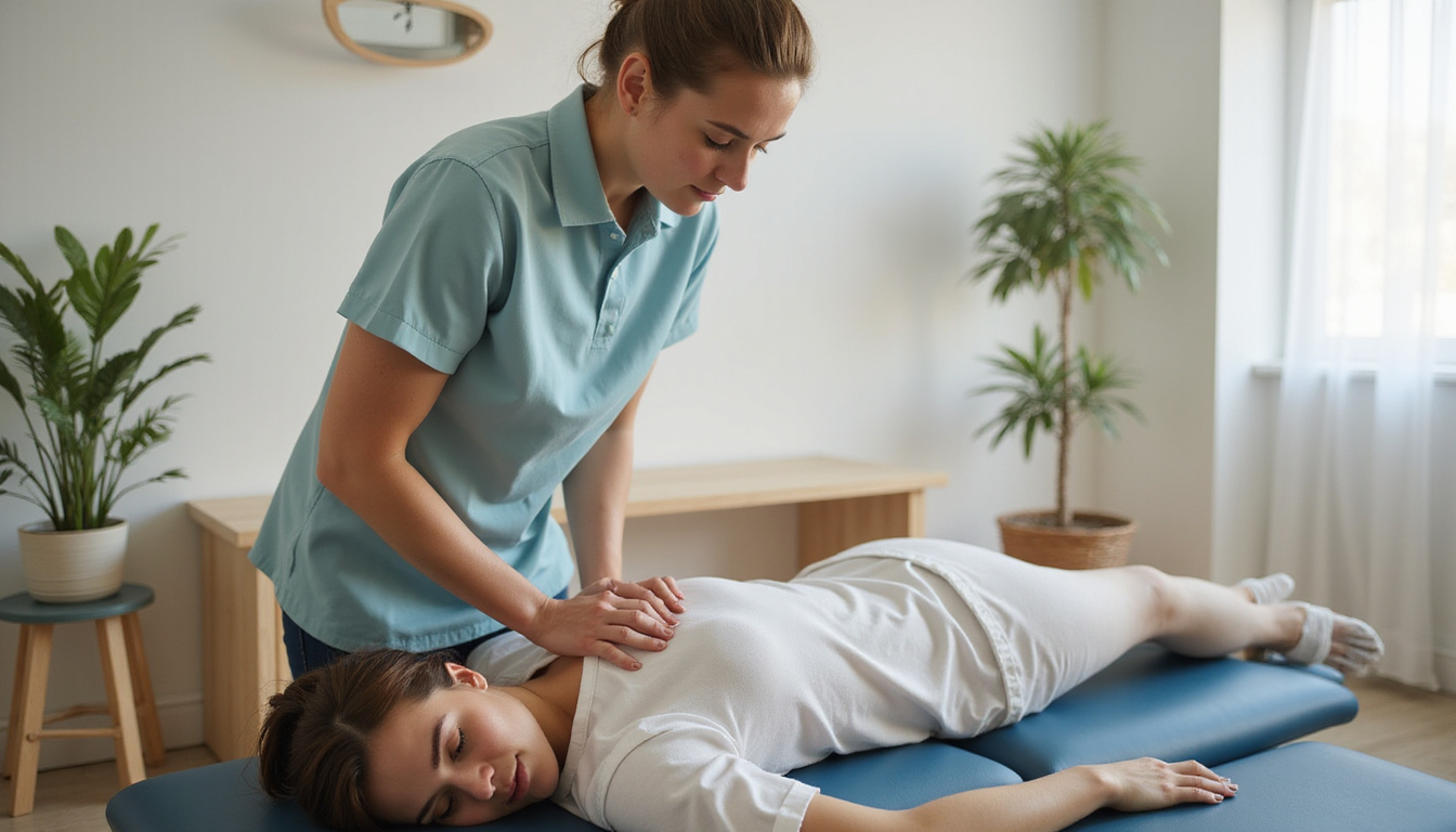  therapist performing gentle spinal adjustment on patient, calm clinic setting, soft natural lighting