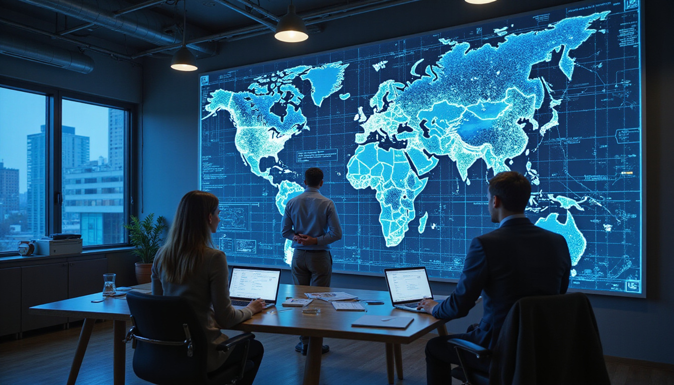  Professional team analyzing intricate crypto regulations on holographic screens in modern office