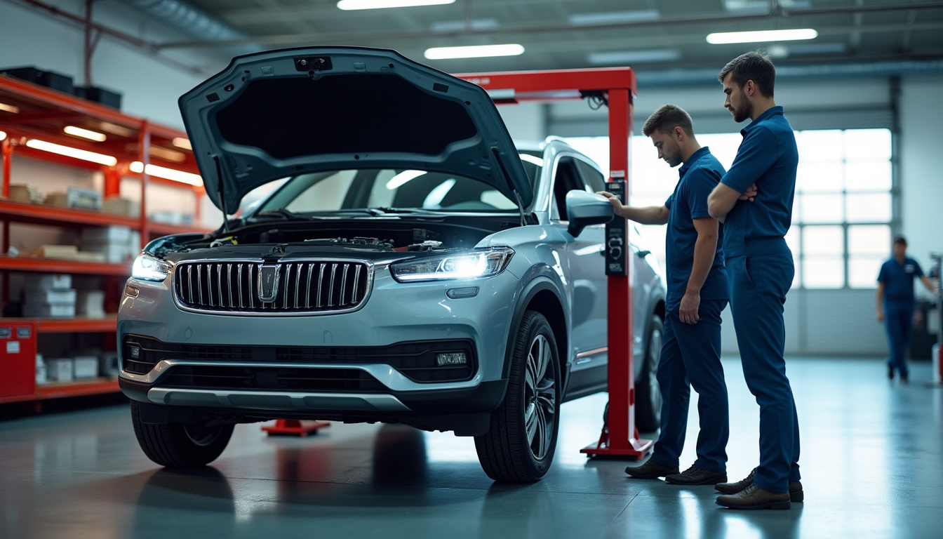 Professional auto service team swiftly lifting damaged vehicle with modern equipment in urban environment