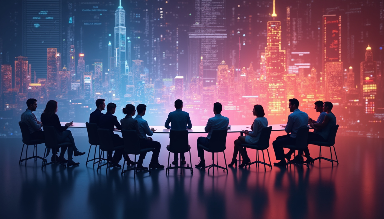  diverse group discussing industry classifications, futuristic data overlays, corporate setting