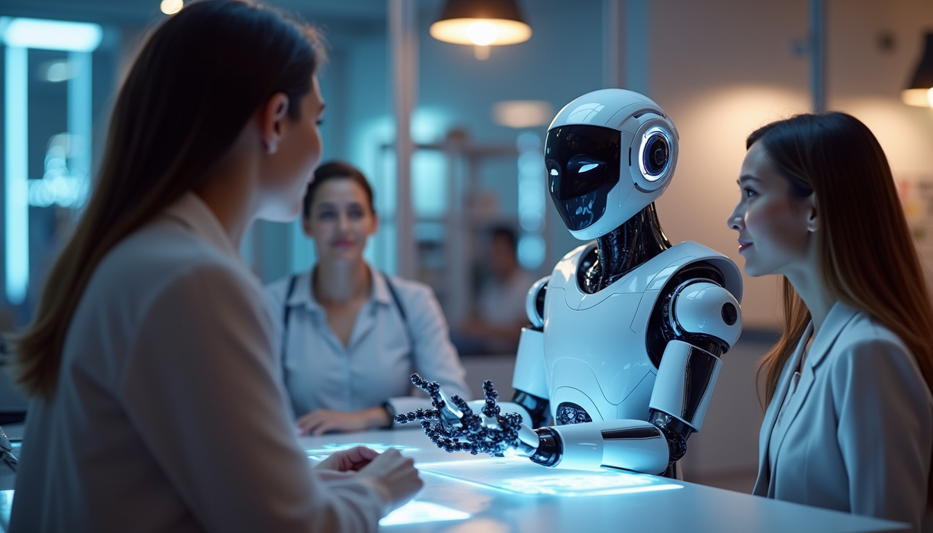  futuristic AI voice assistant interacting with happy customers, sleek technology, glowing holograms