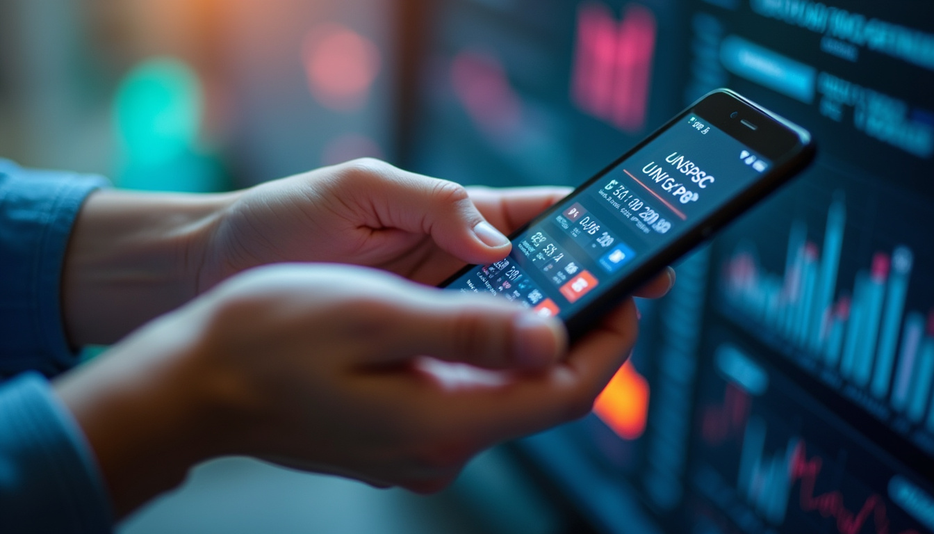  detailed close-up of hands using a smartphone with UNSPSC code lookup, vibrant data charts, tech-savvy environment