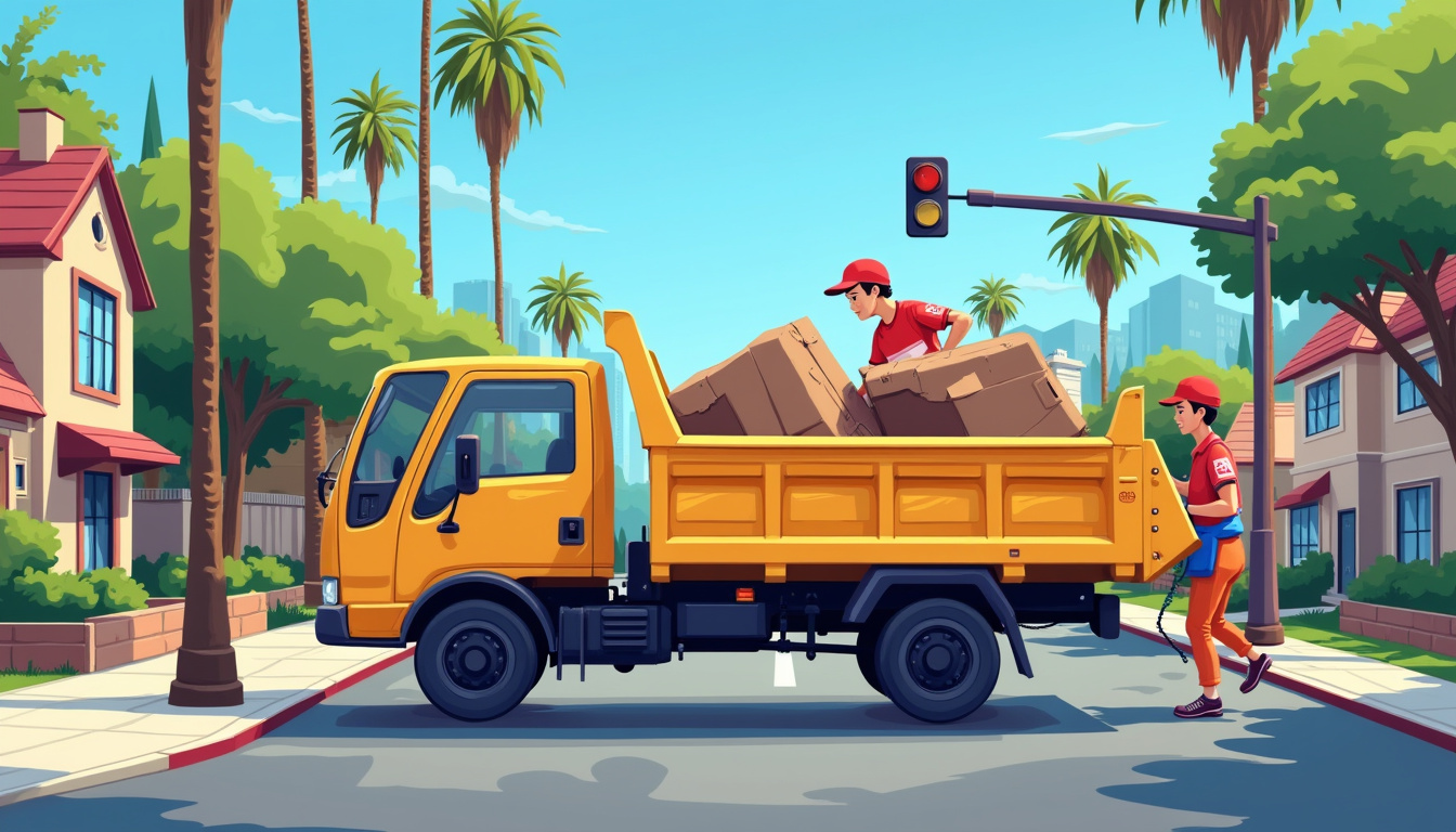  Friendly junk removal crew hauling debris, organized suburban San Diego street, clear blue sky