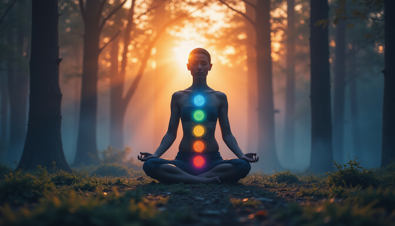  a glowing human silhouette with chakras aligned, emanating peaceful energy in a tranquil forest setting